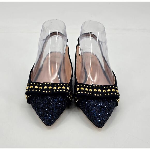 J.Crew Navy Glitter Gwen Slingback Flats with Studded Bow – Size 8 - Picture 2 of 8
